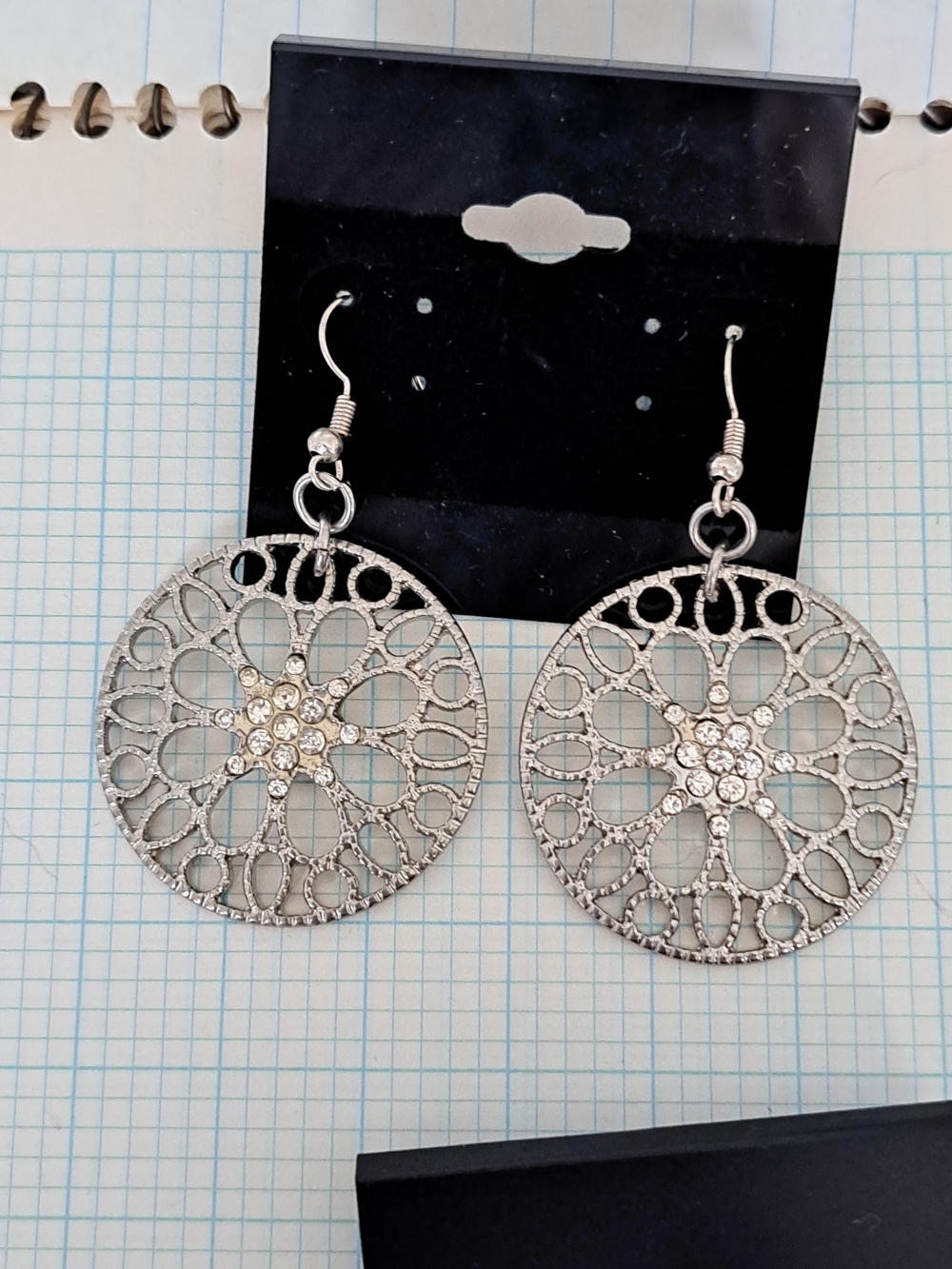 Silver Filigree Circle Drop Earrings with Crystal Accents